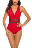 Sheer Mesh Patchwork Plain V Neck One Piece Swimsuit Red