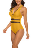 Mesh Sheer V Neck One Piece Swimsuit Yellow