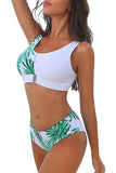 Sports Style Leaf Print Color Block Two Piece Swimsuit Green