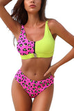 Color Block Leopard Print Two Piece Swimsuit Rose Red