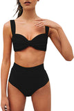 Wide Straps Rib Knit Plain High Waisted Bikini Set Black