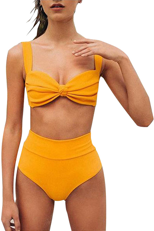 Knot Front Ribbed High Waisted Bikini Set Yellow