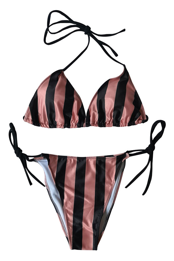 Striped Halter Triangle Top String Bikini Set Brown