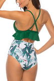 V Neck Ruffle High Waisted Leaf Print Two Piece Swimsuit Green