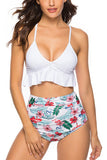 Ruffle Floral Print V Neck High Waisted Two Piece Swimwear White