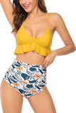 Sexy V Neck Ruffle Ruched High Waisted Print Beach Swimsuit Yellow