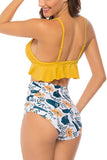 Sexy V Neck Ruffle Ruched High Waisted Print Beach Swimsuit Yellow