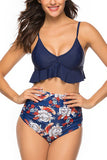 Deep V Neck Floral Print High Waisted Ruffle Two Piece Swimwear