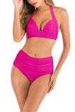 Solid Tie Back Halter High Waisted Ruched Bikini Set Rose Red