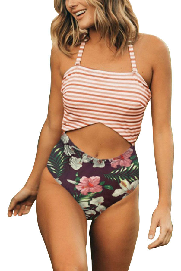 Cut Out Floral Print Stripes One Piece Swimwear
