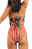 Floral Print Cut Out Striped One Piece Swimsuit