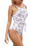 Floral Print Cut Out Ruffle Lace Up One Piece Swimsuit