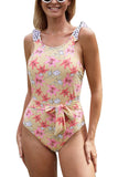 Floral Print Ruffle Straps One Piece Swimsuit With Belt