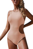 Solid Frilled Cut Out Ribbed One-Piece Swimwear