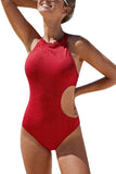 Frilled Cut Out Ribbed One Piece Swimwear Red