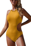 High Neck Cut Out Pleated Ribbed One Piece Swimsuit Yellow