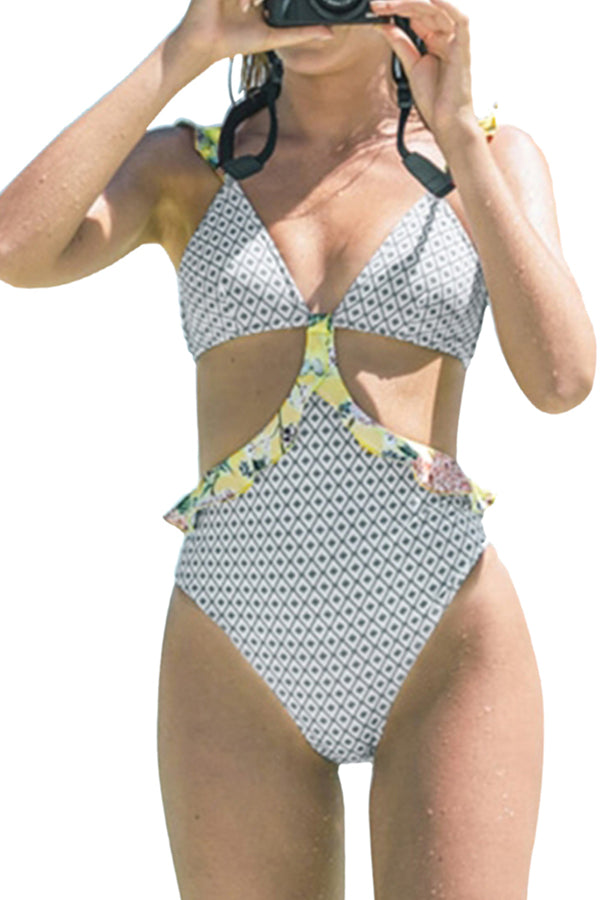 Cut Out Geometric Print Ruffle One Piece Swimsuit