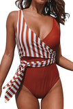 Wrap Neck Striped Tie Front Cheeky One Piece Swimwear Ruby