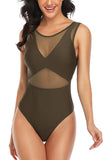 Beach Open Back Sheer Crew Neck Cheeky Plain One Piece Swimsuit Olive