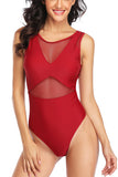 Solid Crew Neck Tummy Control See Through One Piece Swimsuitruby