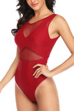 Solid Crew Neck Tummy Control See Through One Piece Swimsuitruby