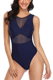 Solid Open Back See Through Cheeky One Piece Swimsuit Navy Blue