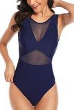 Solid Open Back See Through Cheeky One Piece Swimsuit Navy Blue