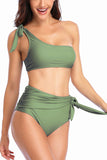 One Shoulder Tie Pleated High Waisted Two Piece Swimsuit Olive