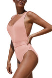 Scoop Neck Ribbed Plain High Cut One Piece Swimsuit