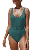 Scoop Neck Ribbed Belt High Cut One Piece Swimsuit