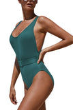 Scoop Neck Ribbed Belt High Cut One Piece Swimsuit