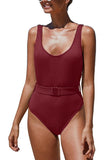 Scoop Neck Ribbed Plain Open Back One Piece Swimsuit