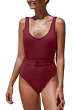 Scoop Neck Ribbed One Piece Swimsuit With Belt