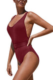 Scoop Neck Ribbed Plain Open Back One Piece Swimsuit