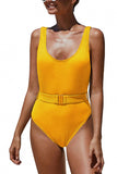 Solid Scoop Neck Ribbed One Piece Swimsuit With Belt