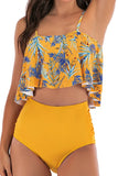 Women's Floral High Waisted Ruffle Two Piece Swimwear Yellow