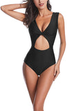 V Neck Cut Out Solid One Piece Swimsuit Black