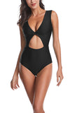 V Neck Cut Out Solid One Piece Swimsuit Black