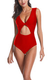 V Neck Pleated Cut Out One Piece Swimsuit Red