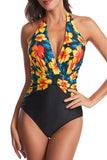 Deep V Neck Halter Floral Print One Piece Swimsuit Yellow
