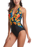 Deep V Neck Halter Floral Print One Piece Swimsuit Yellow
