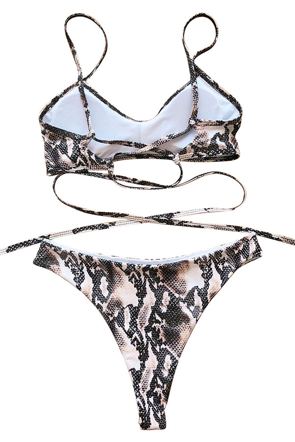Snakeskin Print Criss Cross Lace Up Bikini Set Black