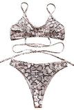 Criss Cross Snakeskin Print High Cut Bikini Set Pink
