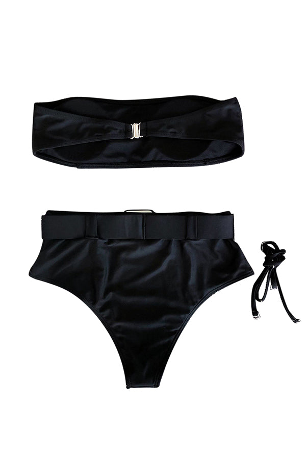 Solid High Waisted Bandeau Bikini Set Black