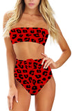 Leopard Print Strapless Bandeau High Waisted Bikini Set Red