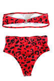 Leopard Print Strapless Bandeau High Waisted Bikini Set Red