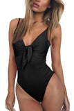 Solid Pleated Knot Thong High Cut One Piece Swimsuit Black