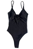 Solid Pleated Knot Thong High Cut One Piece Swimsuit Black
