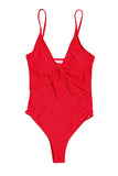 V Neck Knot Pleated High Cut One Piece Swimwear Red