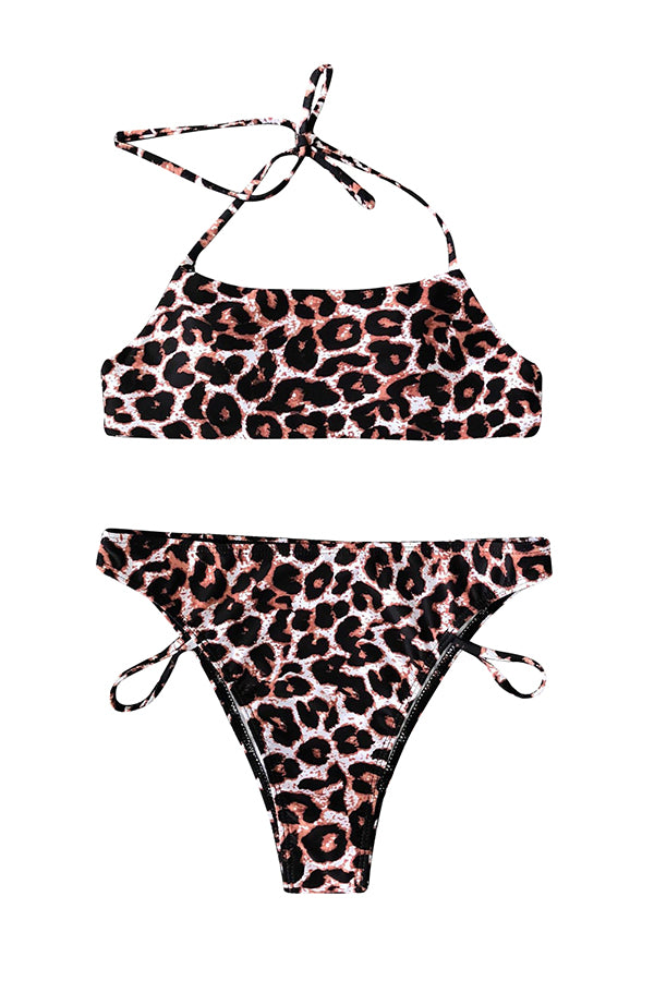 Halter Cut Out Leopard Print High Waisted Bikini Set Brown